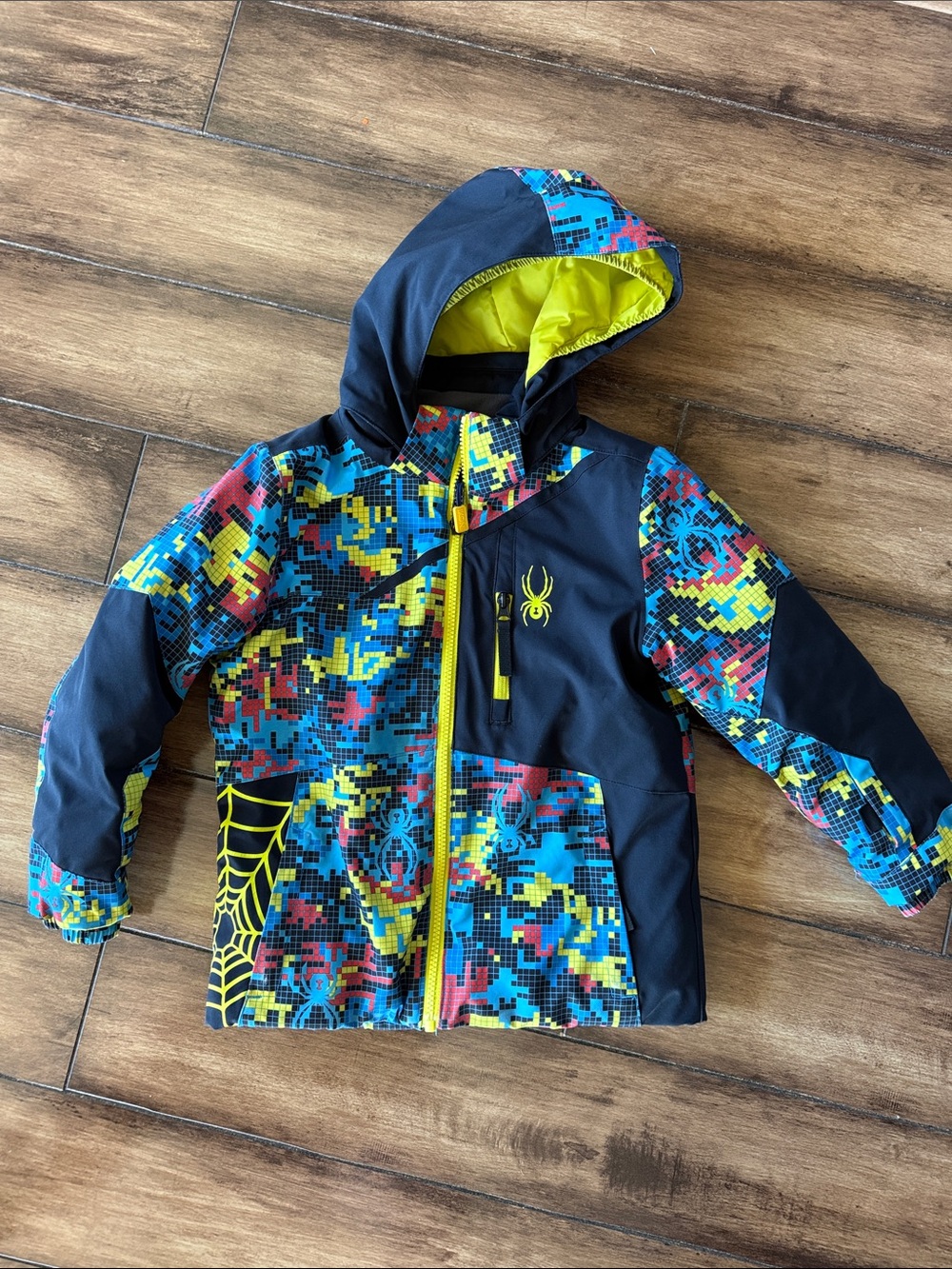 Kids' Colorful Pixel Spyder Winter Jacket - Neon Yellow Accents